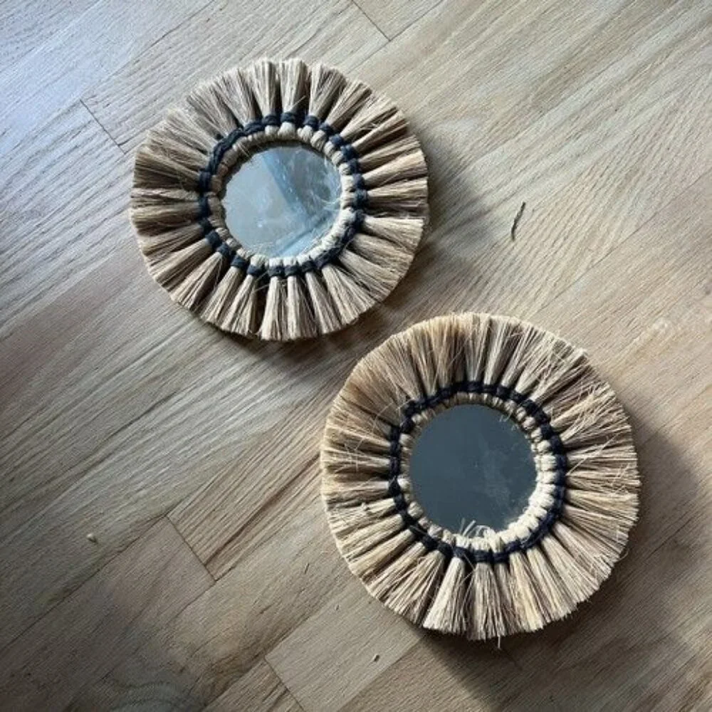 2 Pcs Boho‎ Raffia Mirror Wall Hanging Home Decor Neutral Hippie Beige Black